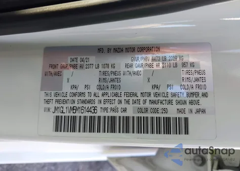 2021 Mazda Mazda6 Touring z USA, uszkodzony, nr VIN JM1GL1VM5M1614436